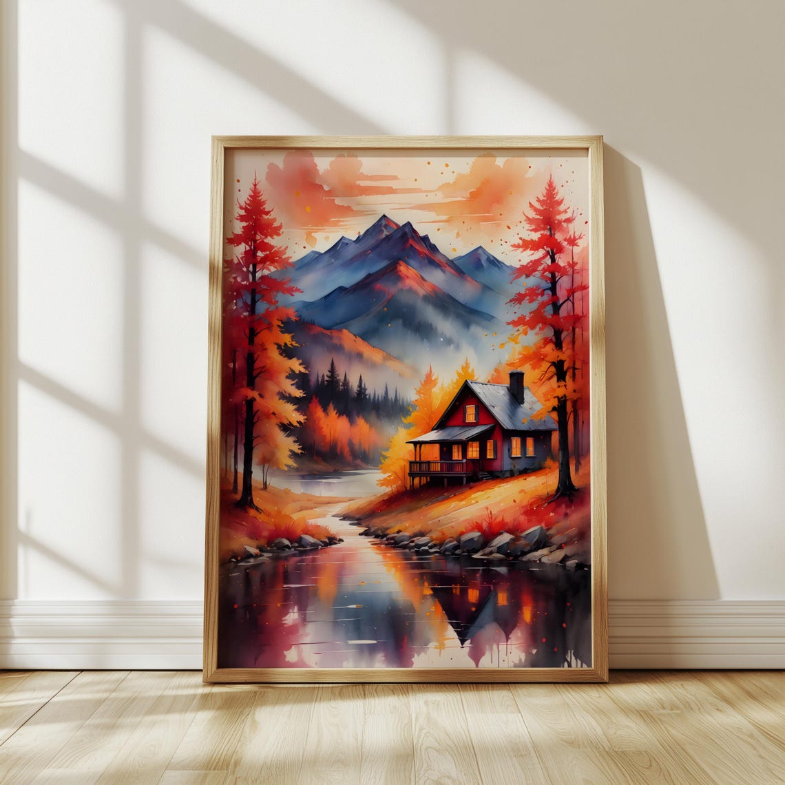Red Cabin Creek Fall Colors Watercolor Mountain Landscape Art Poster