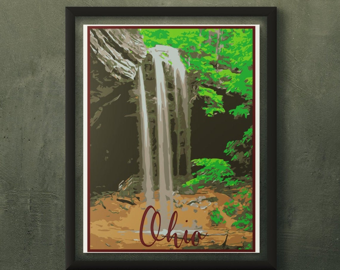 Ohio Forest Waterfall Cascading Rock Falls Vintage Travel Poster
