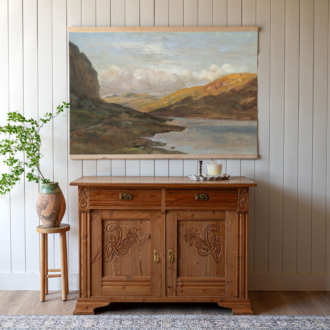 Serene Loch between Rolling Hills Vintage Landscape Painting Poster