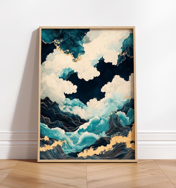 Japanese Style Abstract Ocean Waves with Gold Accents Wall Poster
