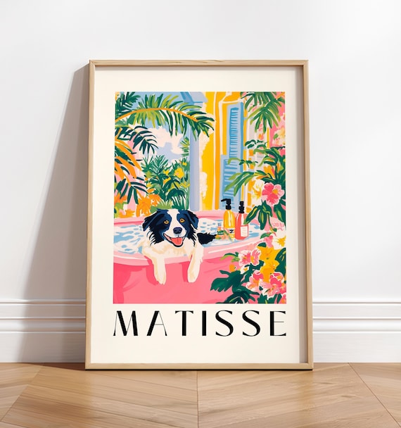 Border Collie Print Funny Bathroom Wall Art Aesthetic Poster Pink Matisse Print Boho Art Print