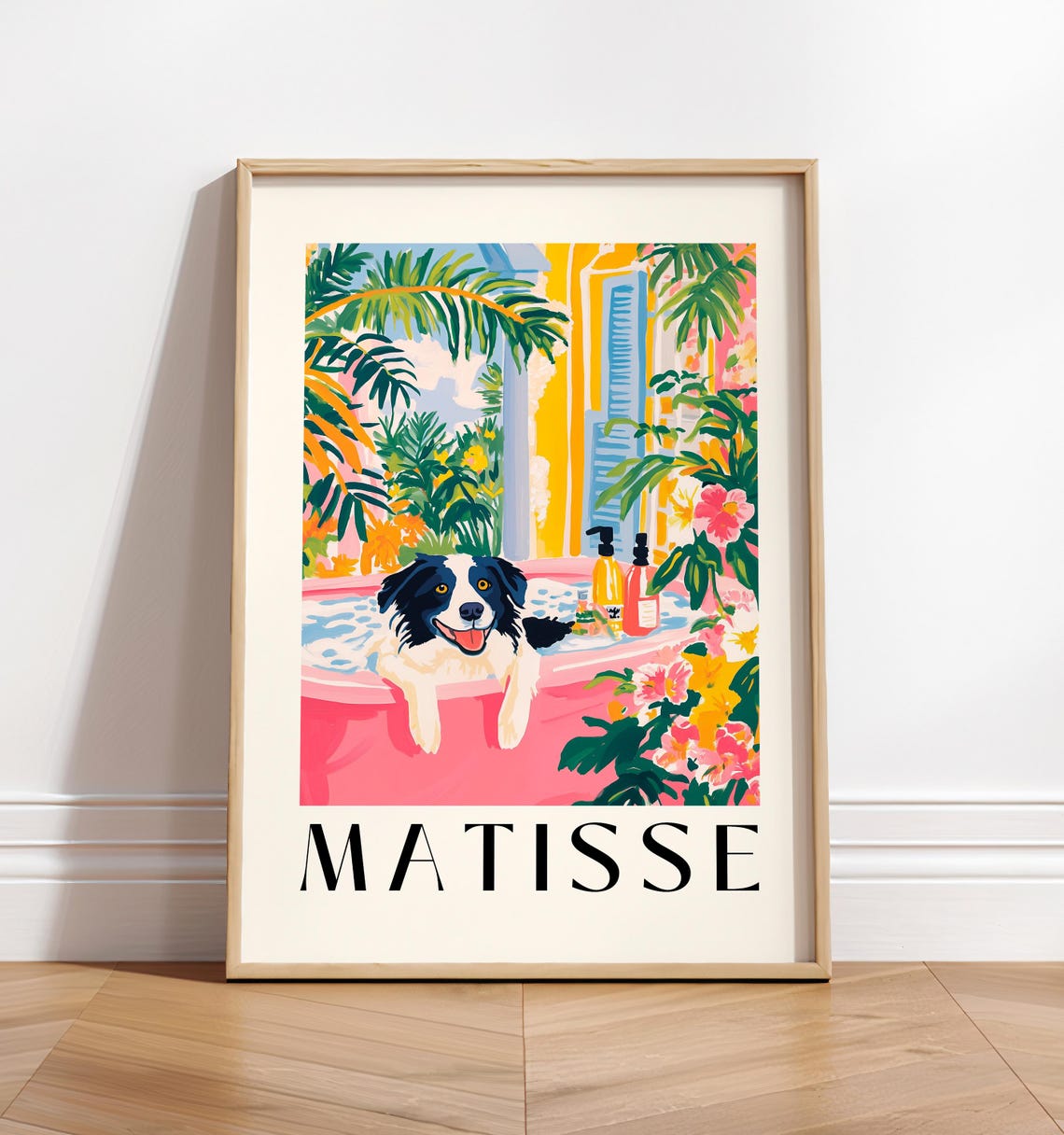 Matisse Style Border Collie Bubble Bath Pink Tropical Poster