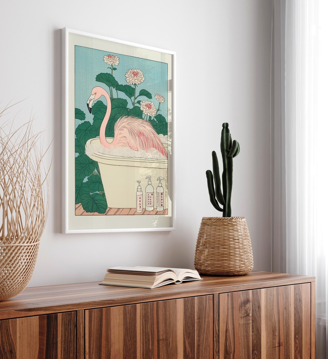 Japanese Style Pink Flamingo Bathing in Bathtub Woodblock Art Poster - Image 4