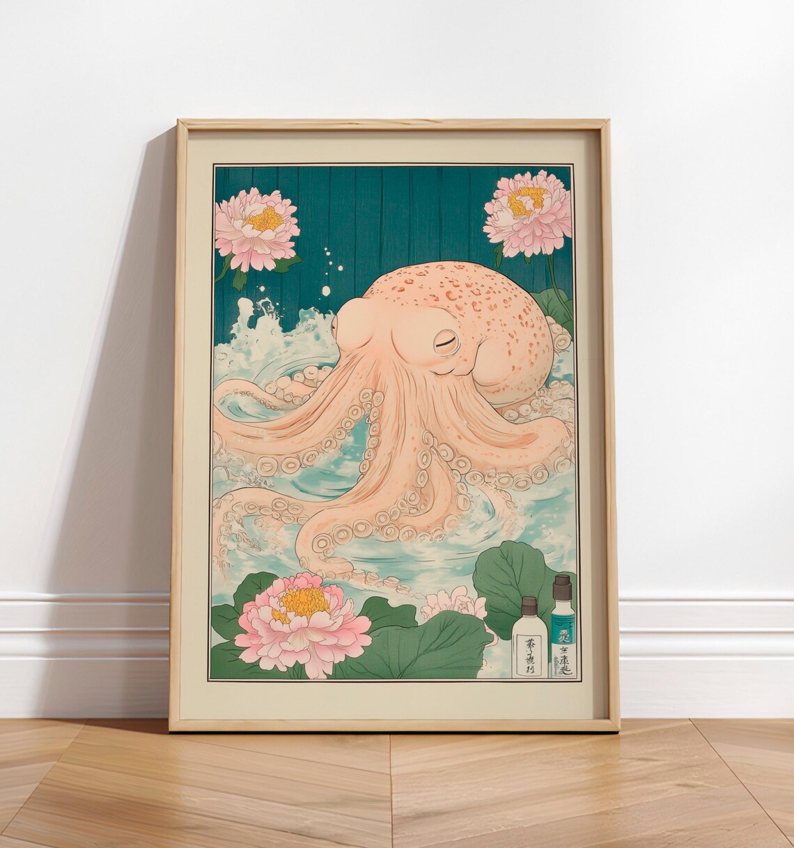 Octopus In Bathtub Ukiyoe Style Bathroom Art Print