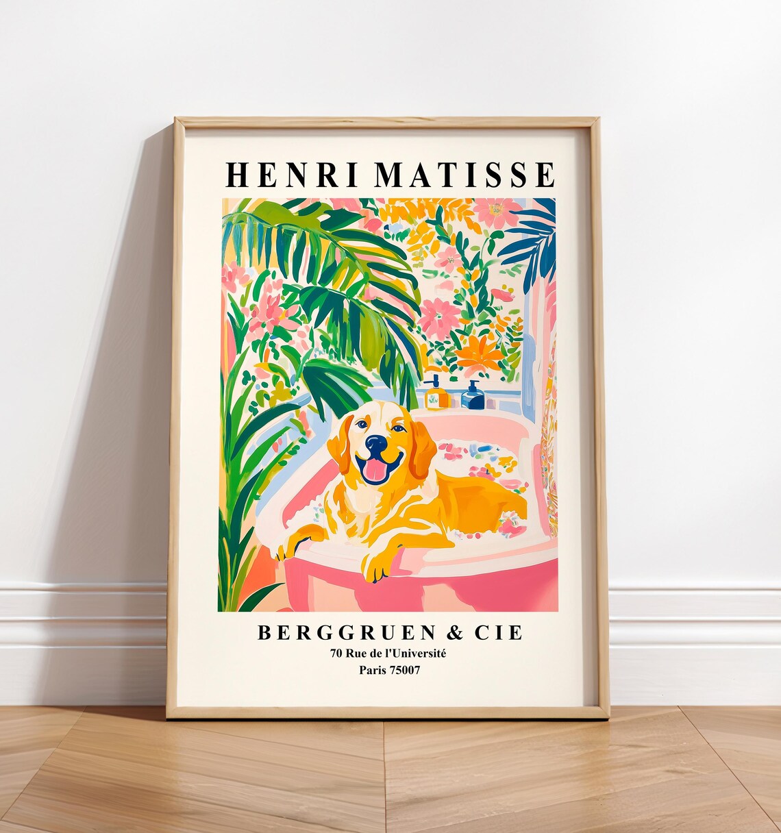Golden Retriever In Bathtub, Matisse-Inspired Print