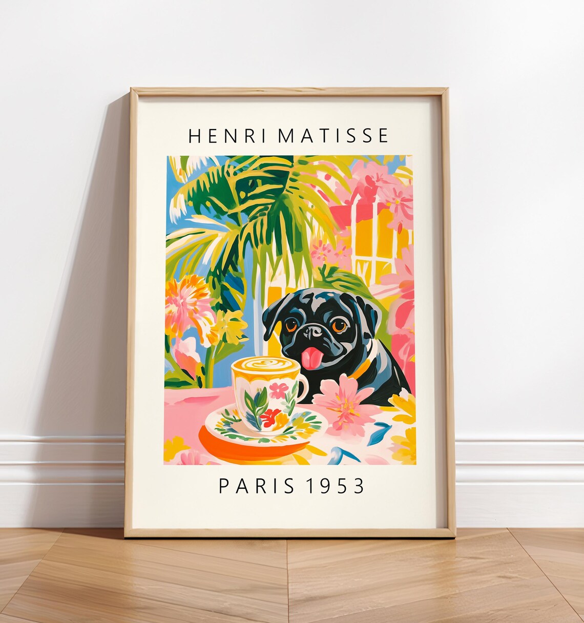 Black Pug Coffee Print, Matisse-Style Kitchen Art