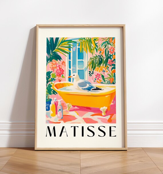 Seagull In Bathtub Funny Bathroom Wall Art Bird Art Print Dopamine Decor Henri Matisse Print Maximalist Wall Art