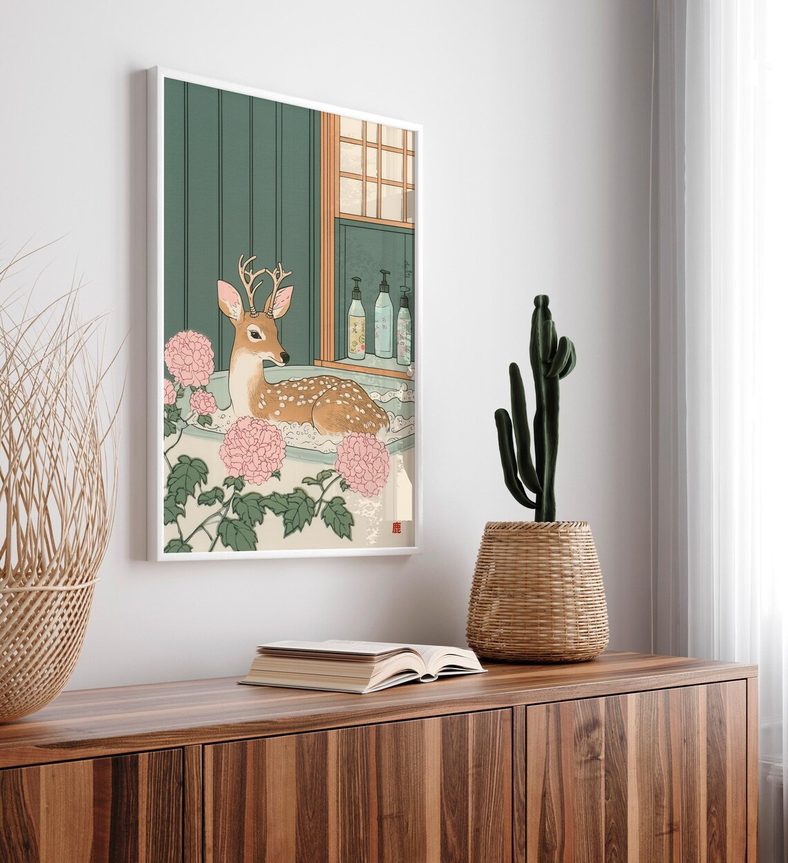 Deer In Bathtub Japandi Bathroom Art Print - Image 4