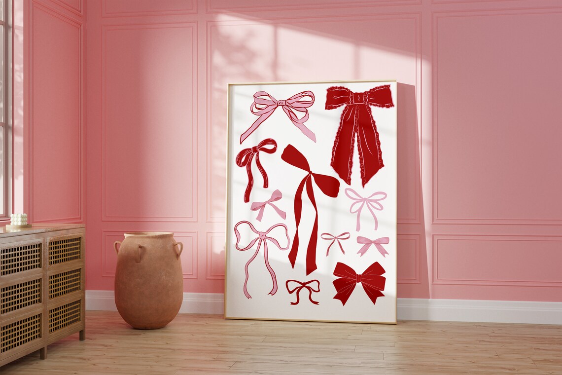 Pink and Red Bow Coquette Ribbon Art Print - Image 2