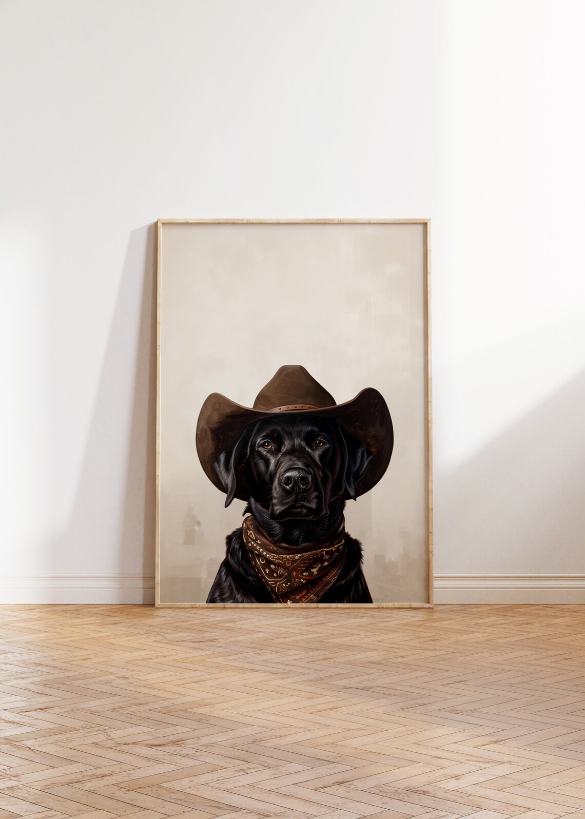 Labrador Dog Cowgirl Hat, Neutral Vintage Art Print