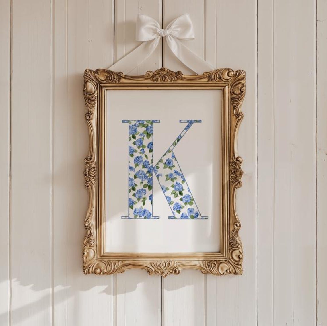 Letter K Hydrangea Floral Initial Vintage Gold Frame Art Poster