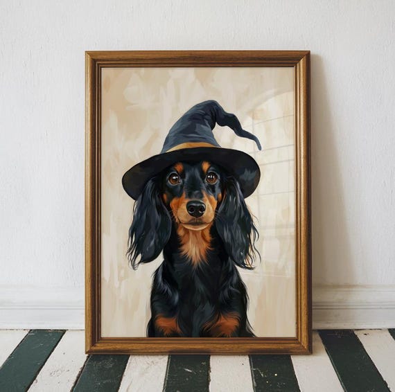 Halloween Dachshund Print Witch Hat Neutral Fall Decor