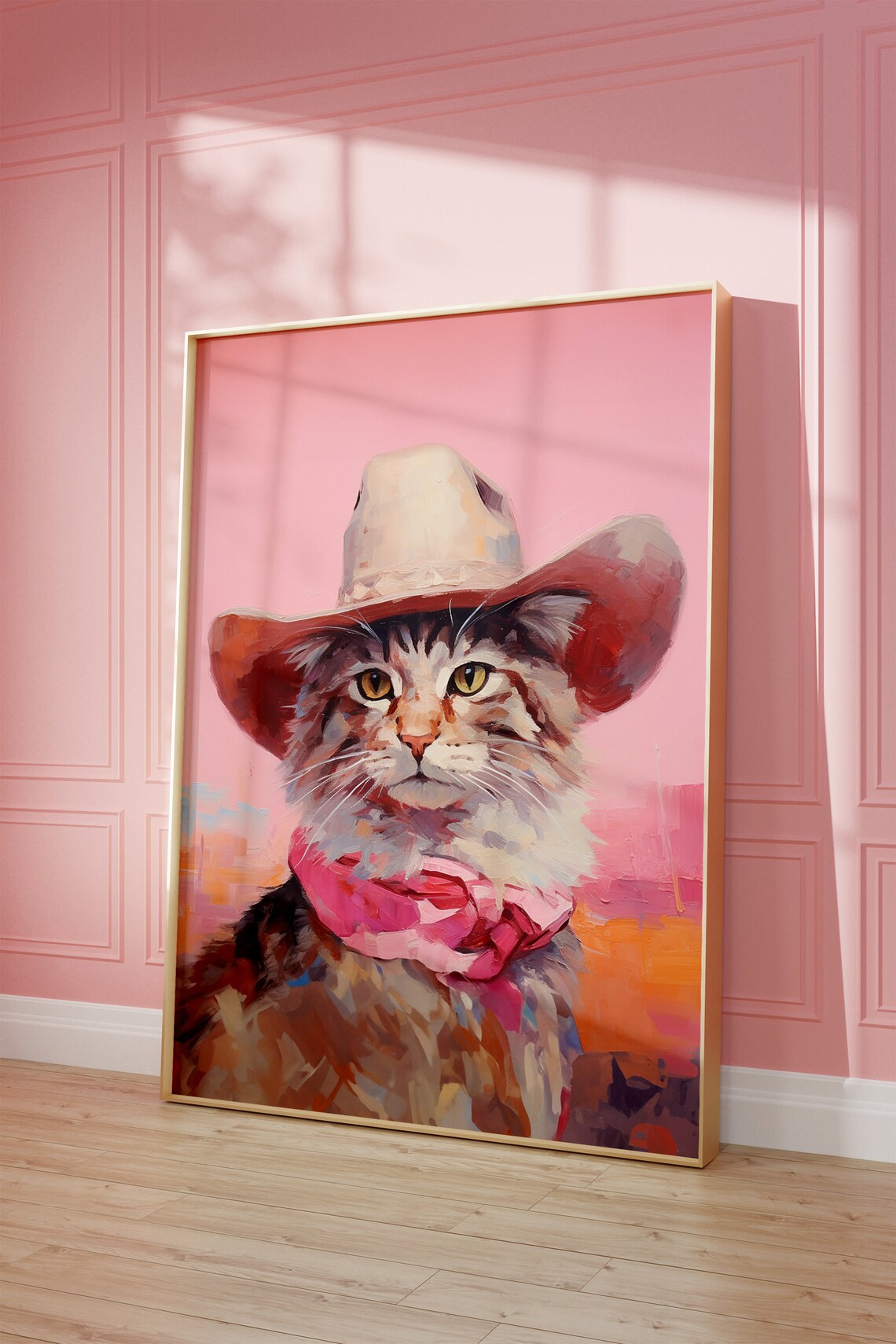 Cat Cowgirl Hat Pink Vintage Art Poster Print