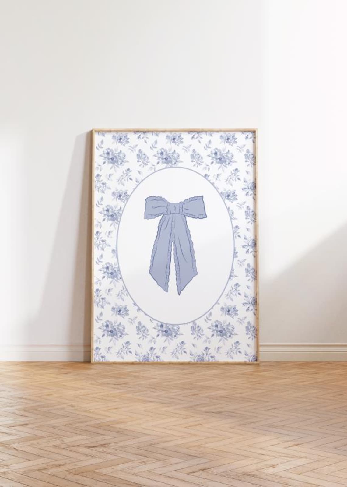 Dusty Blue Ribbon Bow On Floral Toile Oval Balletcore Coquette Poster