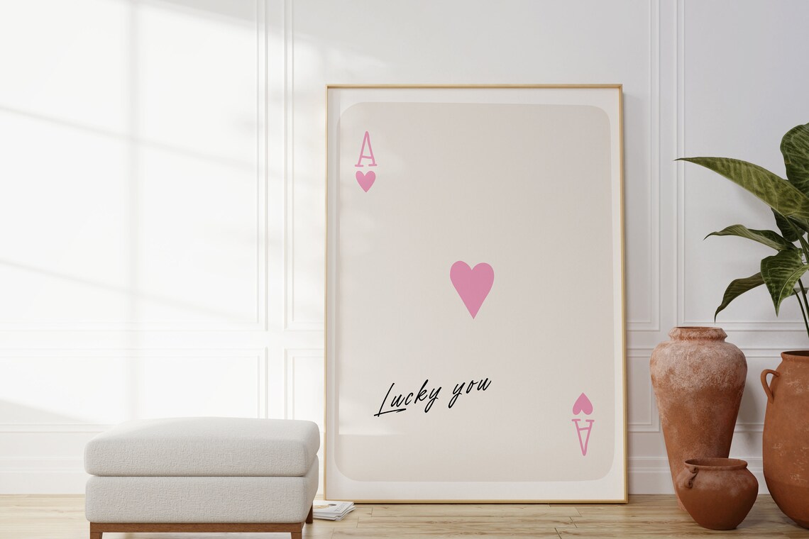 Lucky You Ace Of Hearts Minimalist Pink Playing Card Quote Wall Poster - Image 2