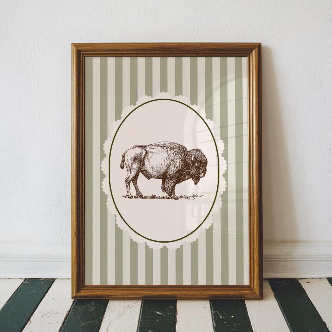 Vintage Bison Engraving Oval Striped Background Western Art Poster