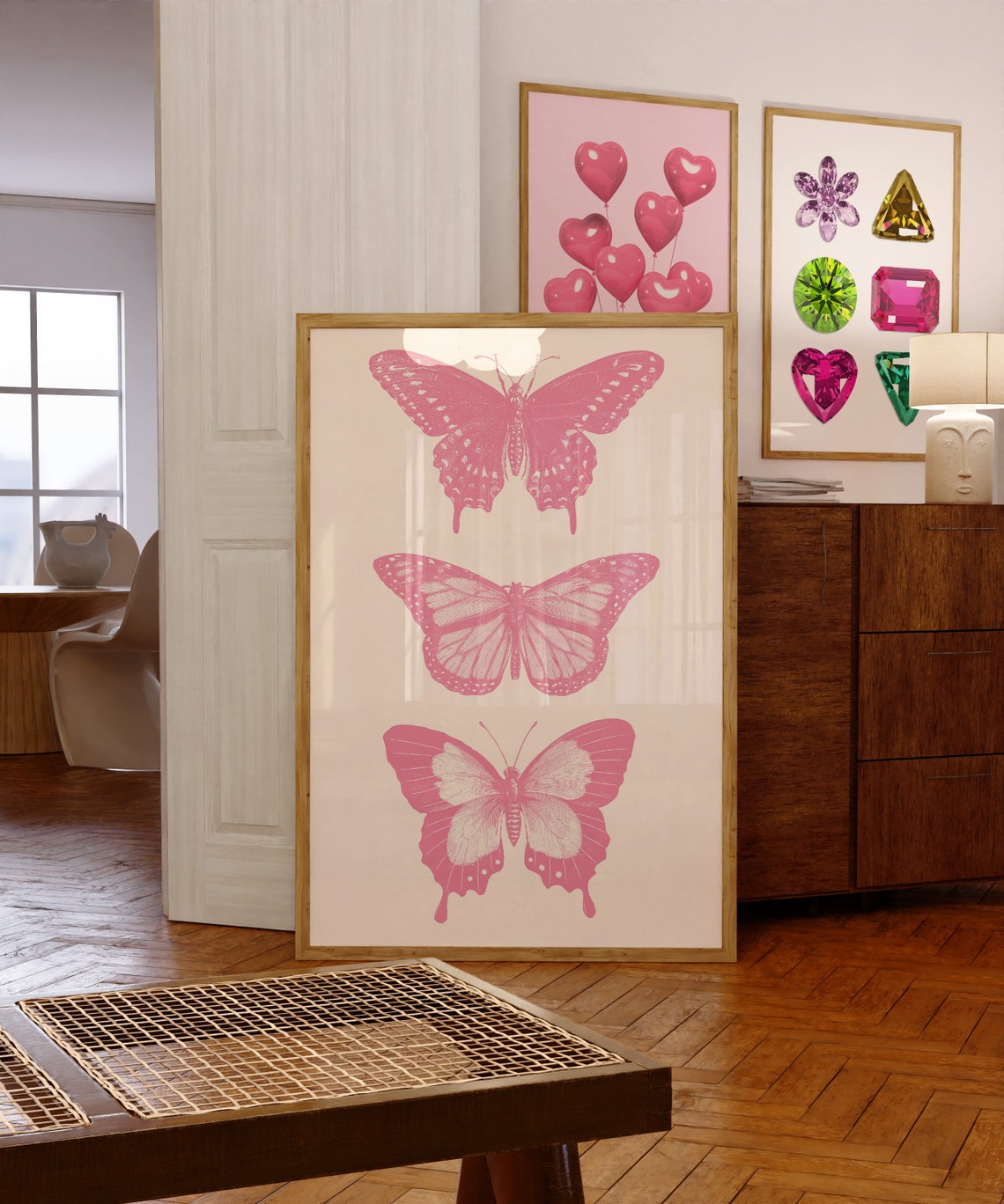 Three Pink Butterflies Botanical Minimalist Nursery Decor Wall Poster - Image 2