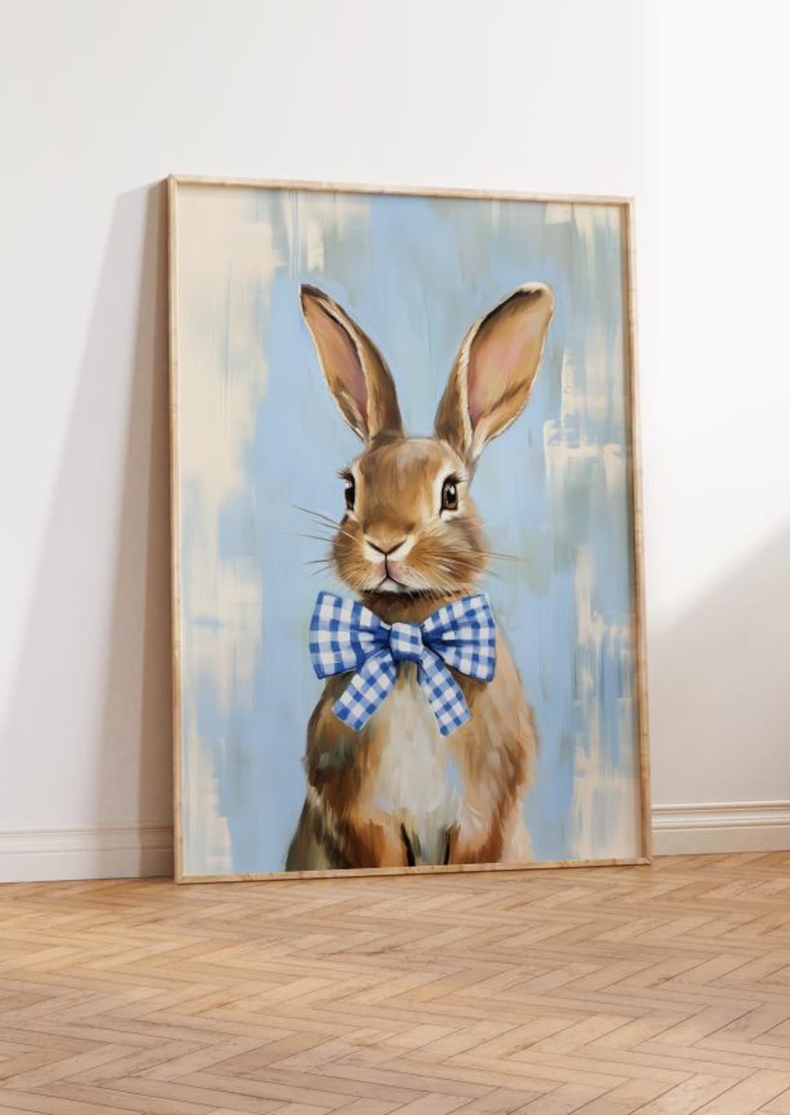 Vintage Blue Rabbit Nursery Print Gingham Bowtie