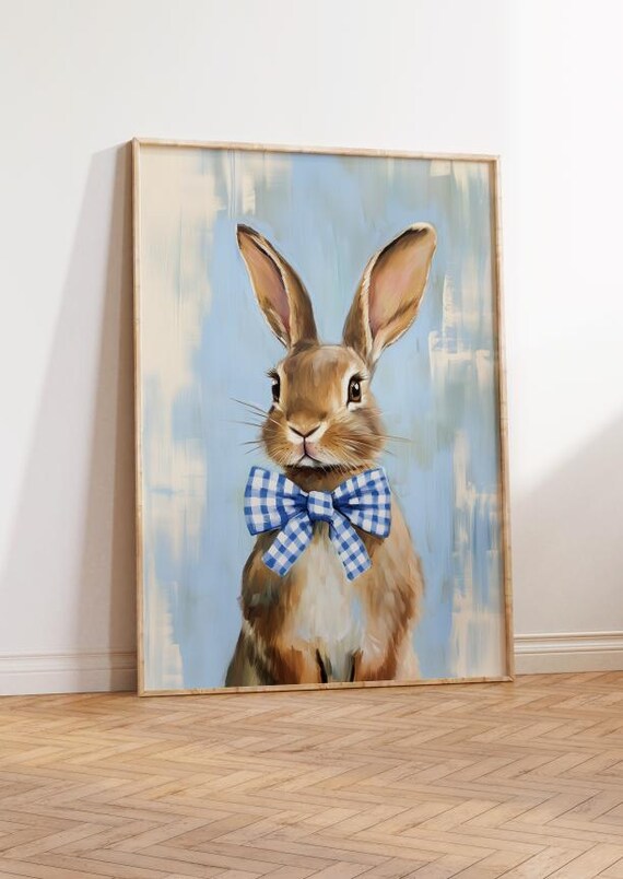 Vintage Blue Rabbit Nursery Print Gingham Bowtie