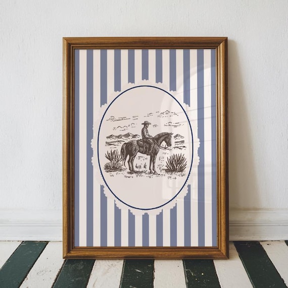 Western Cowboy Horseback Oval Sketch Blue Stripe Nursery Room Poster