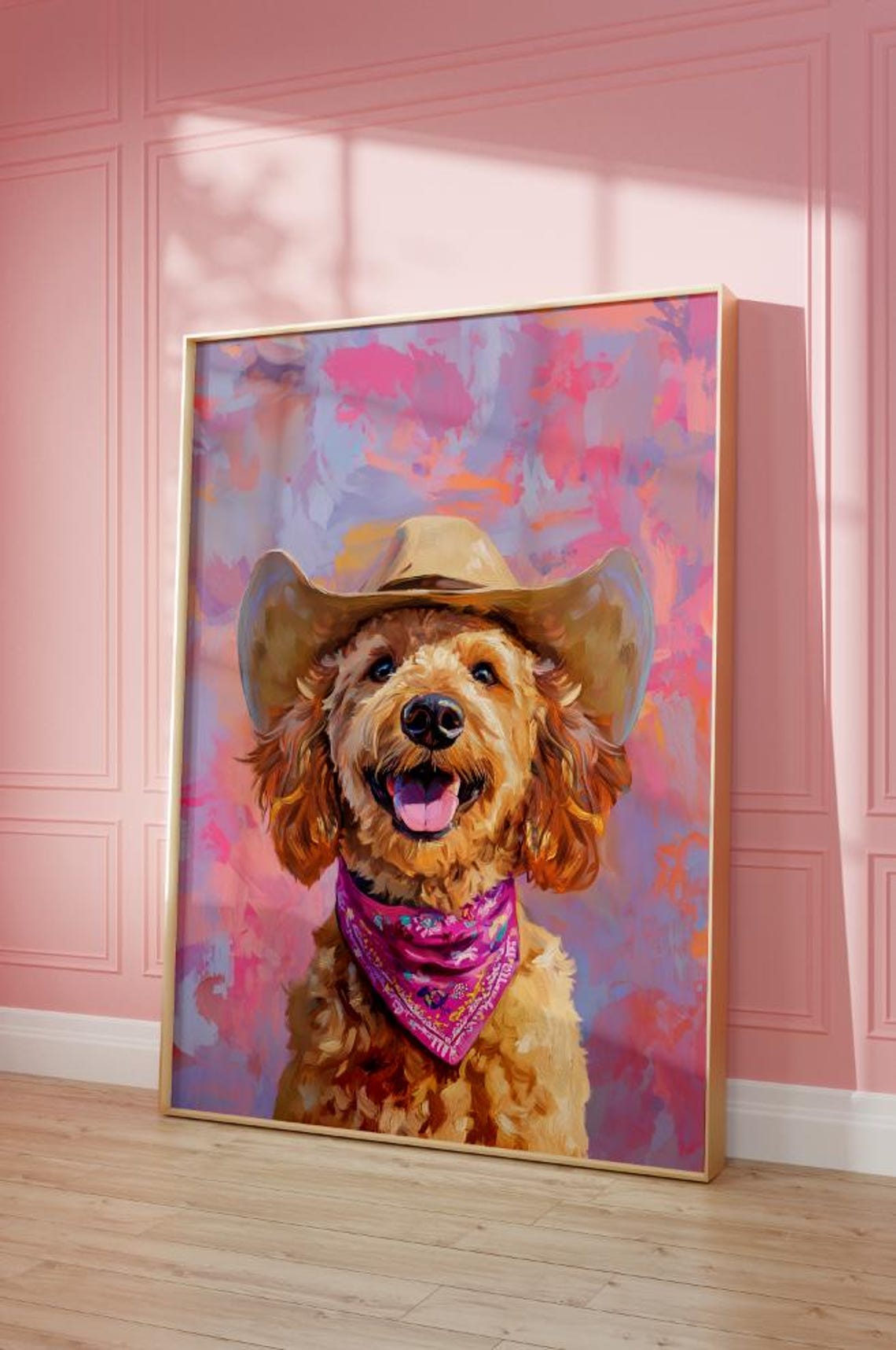 Goldendoodle Dog Cowgirl Hat Print Pink Print Vintage Art Western Girly Preppy Trendy Wall Art Cowgirl Hat Print Funky Western Art