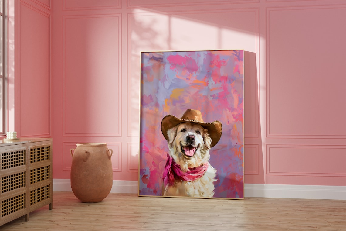 Dog Cowgirl Hat Print, Vintage Western Wall Art