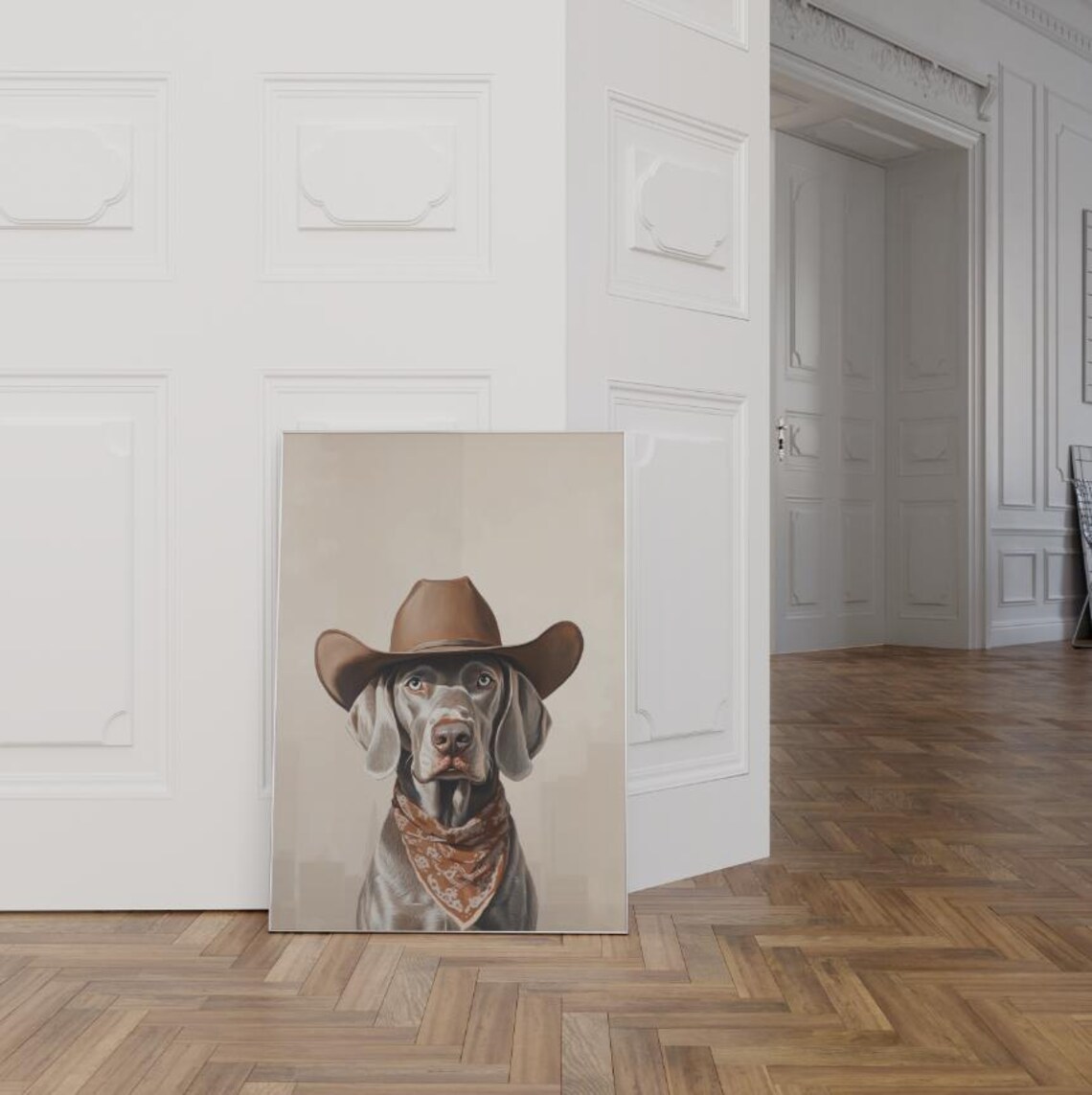 Weimaraner Dog in Cowboy Hat and Bandana Western Pet Portrait Poster