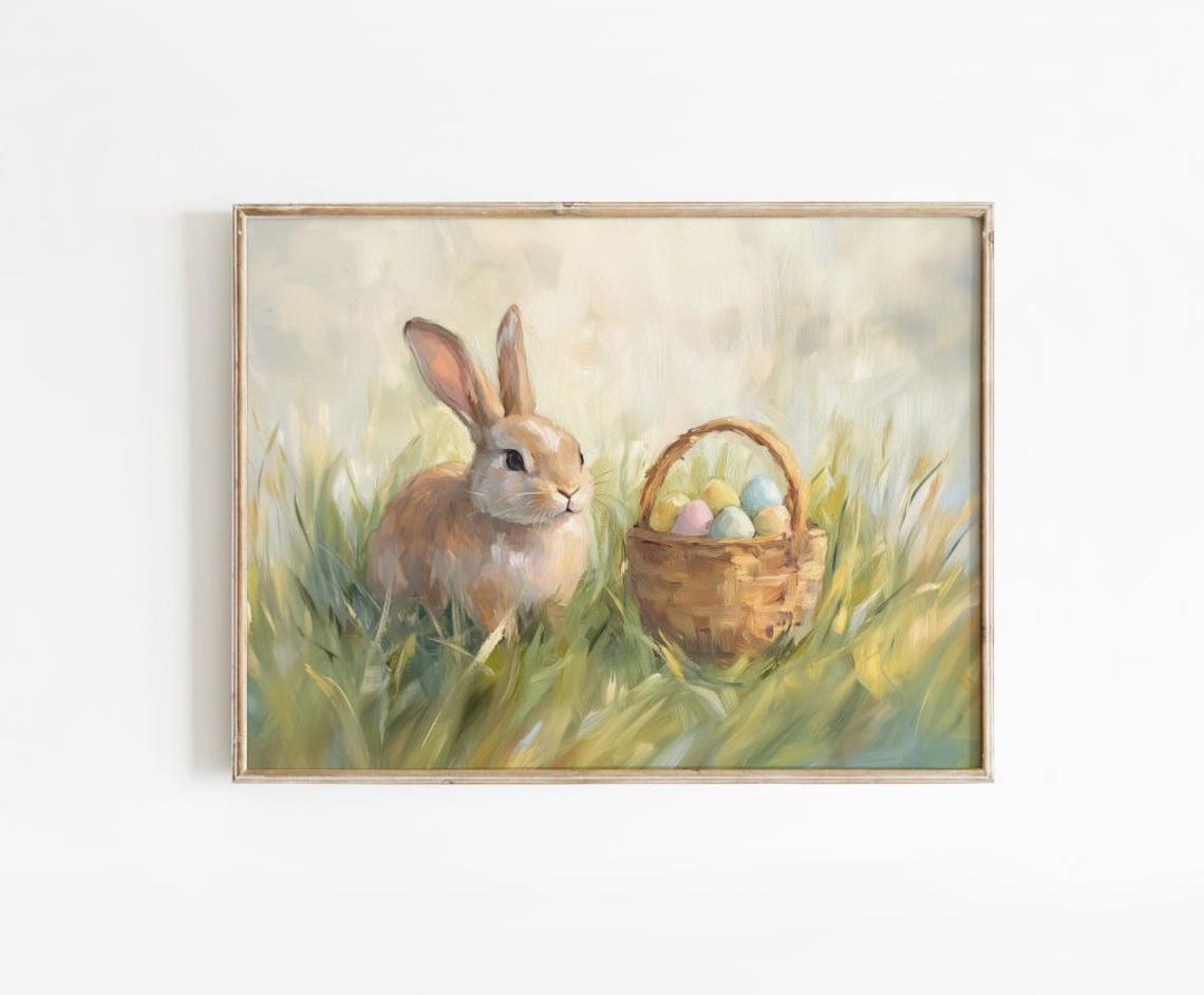 Bunny With Easter Egg Basket Print Soft Spring Meadow Painting Art