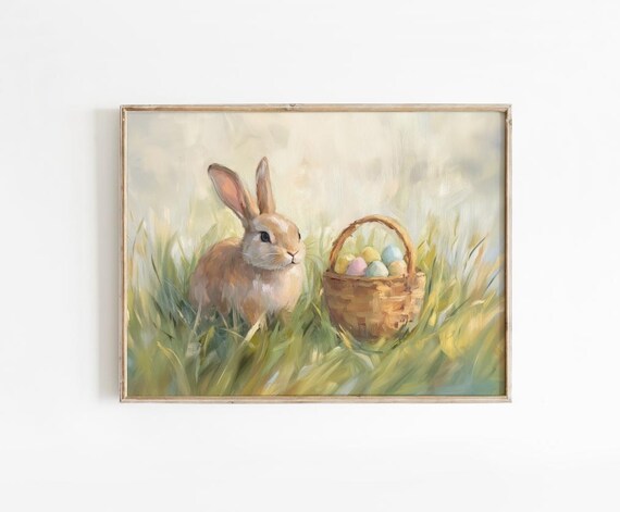 Bunny With Easter Egg Basket Print Soft Spring Meadow Painting Art