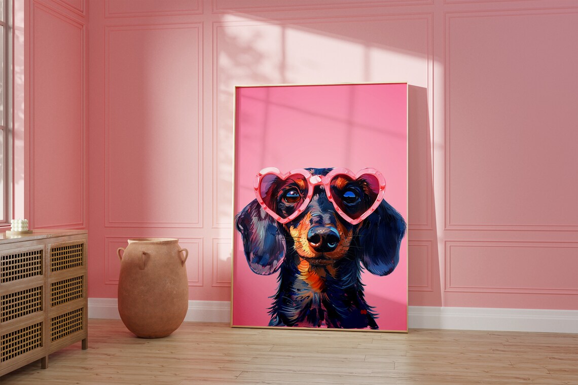 Pink Dachshund Funky Poster, Preppy Dog Decor - Image 2