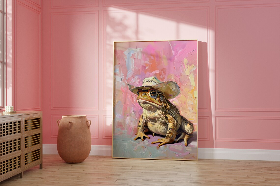 Frog Toad Cowgirl Hat Print Pink Print Vintage Art Western Girly Preppy Trendy Wall Art Funky Print Cowgirl Hat Print Funky Western Art