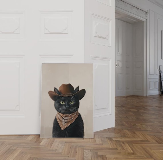 Adorable Black Cat Cowboy Hat Bandana Western Portrait Poster