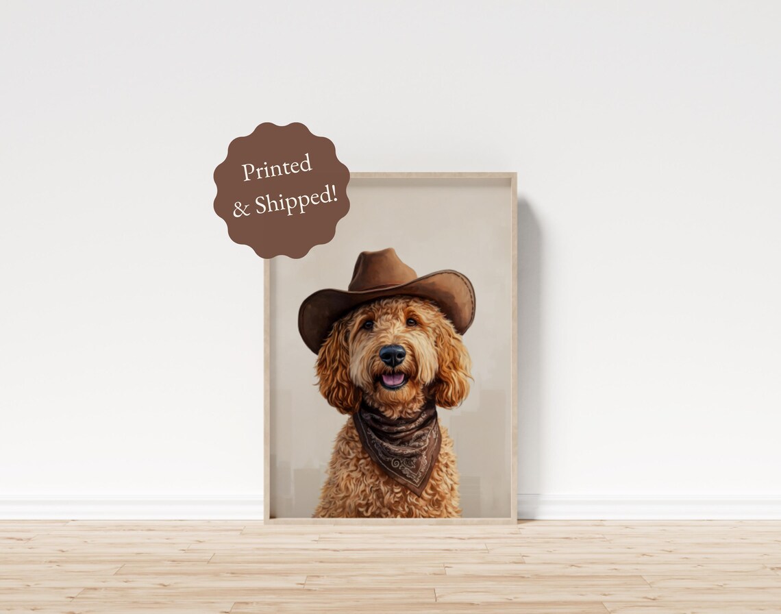 Cute Goldendoodle Cowboy Dog Portrait Brown Hat Bandana Western Poster