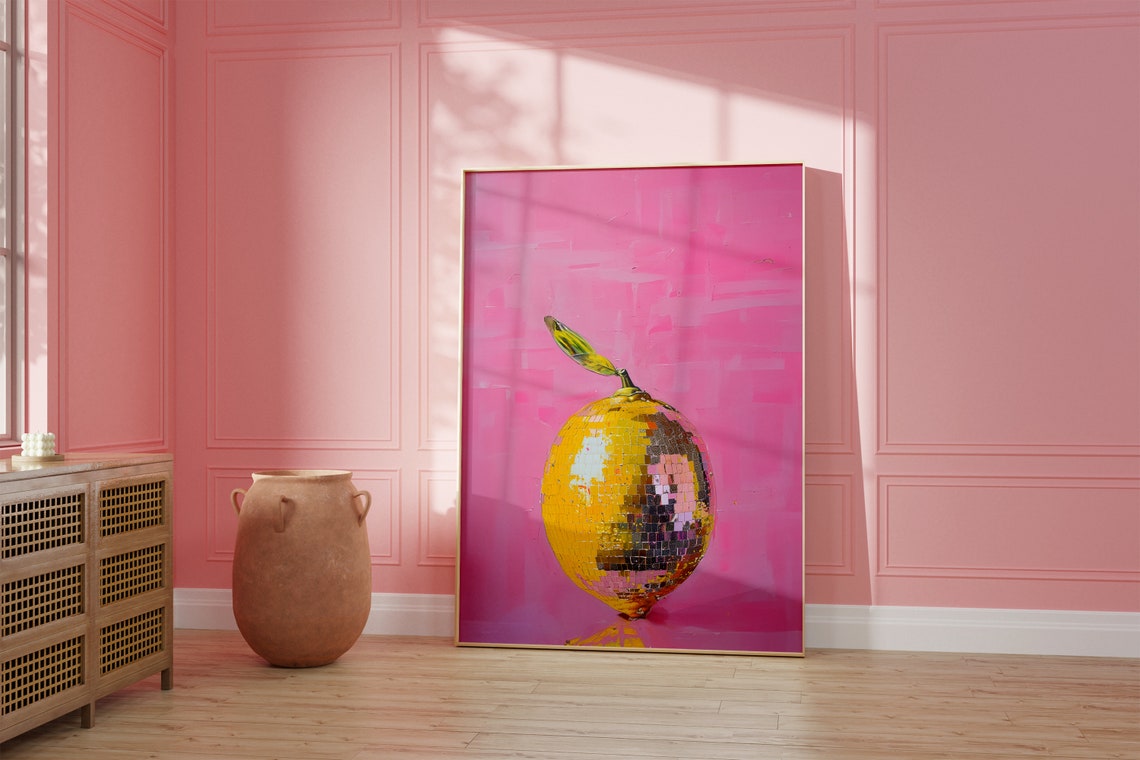 Disco Ball Lemon Fruit Pink Retro Kitchen Art Poster for Dorms