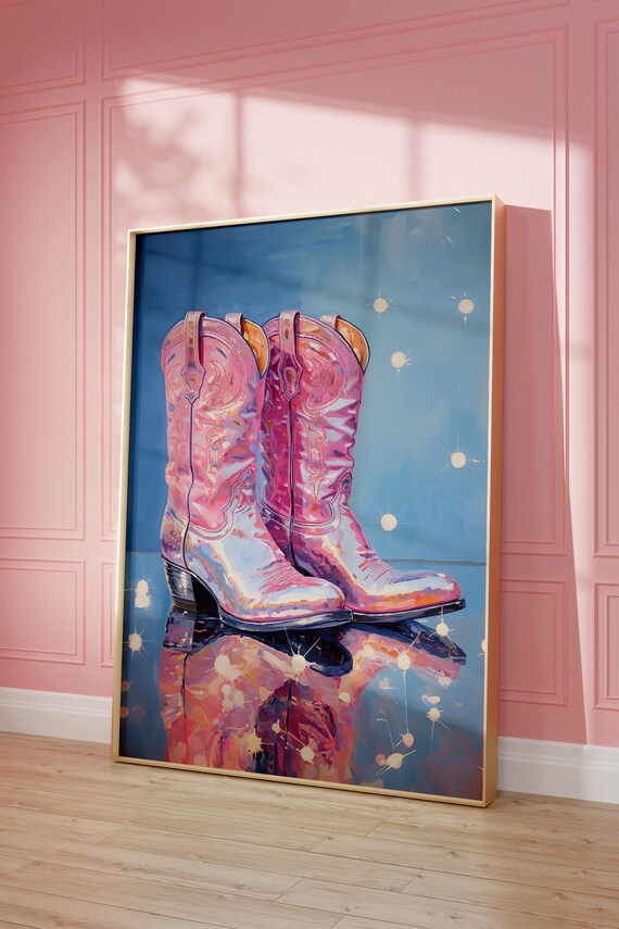 Pink Painted Cowboy Boots Blue Sparkle Disco Glam Poster Dorm