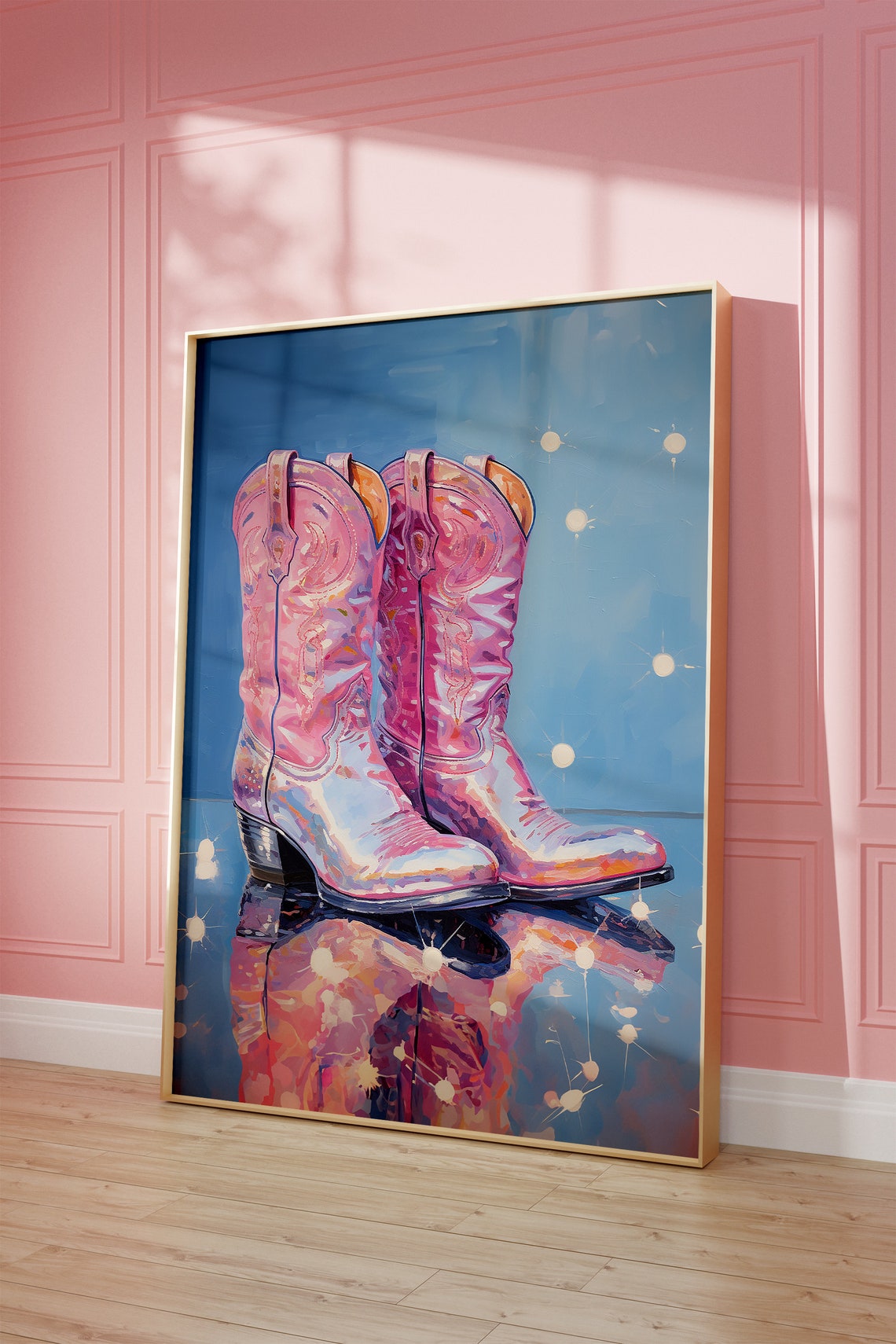 Pink Painted Cowboy Boots Blue Sparkle Disco Glam Poster Dorm