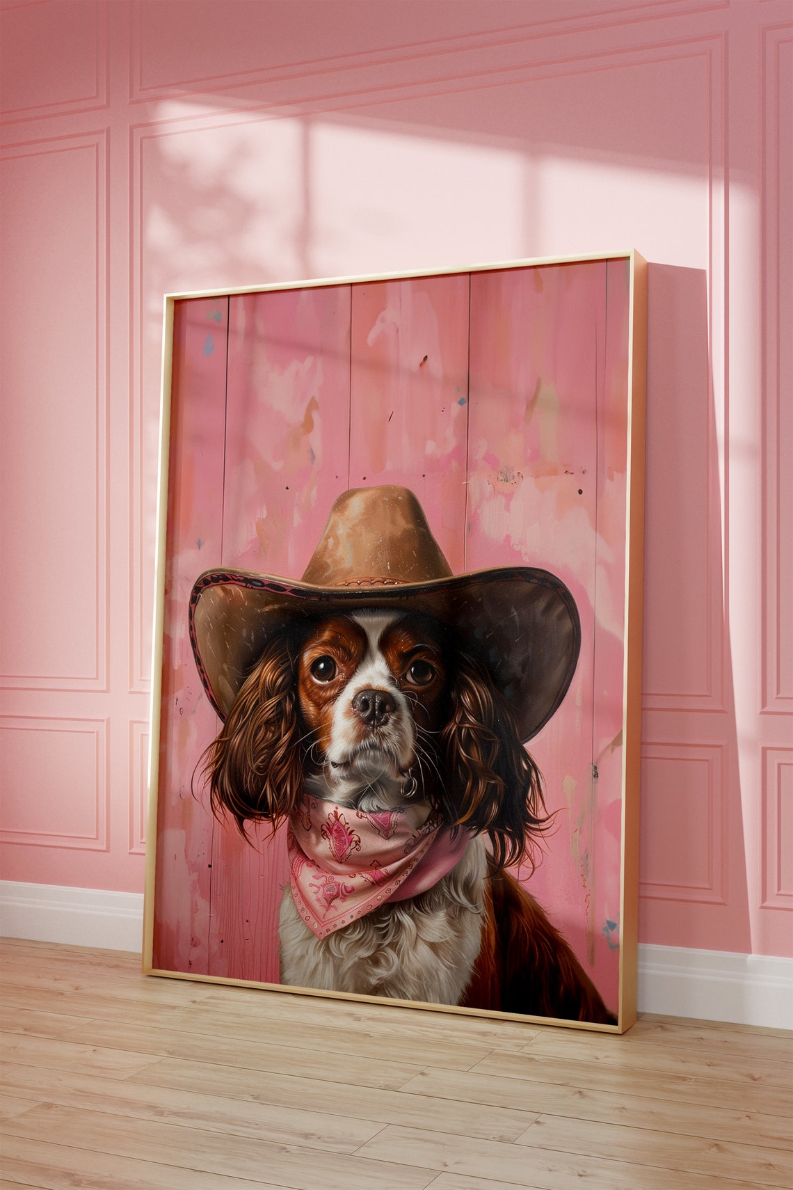 Dog Cowgirl Hat Print Pink Print Western King Charles Spaniel Dog Trendy Wall Art Puppy Print Cowgirl Hat Print Funky Western Art
