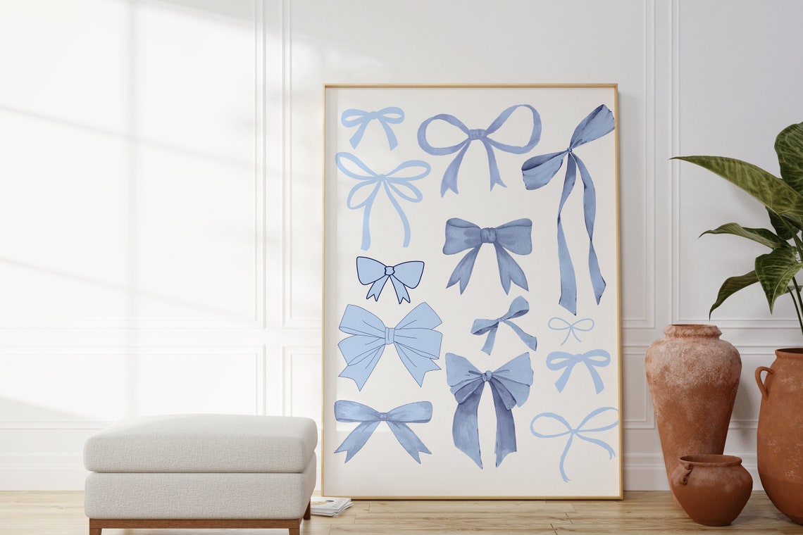 Scattered Blue Watercolor Bows Pattern Coquette Aesthetic Poster - Image 2