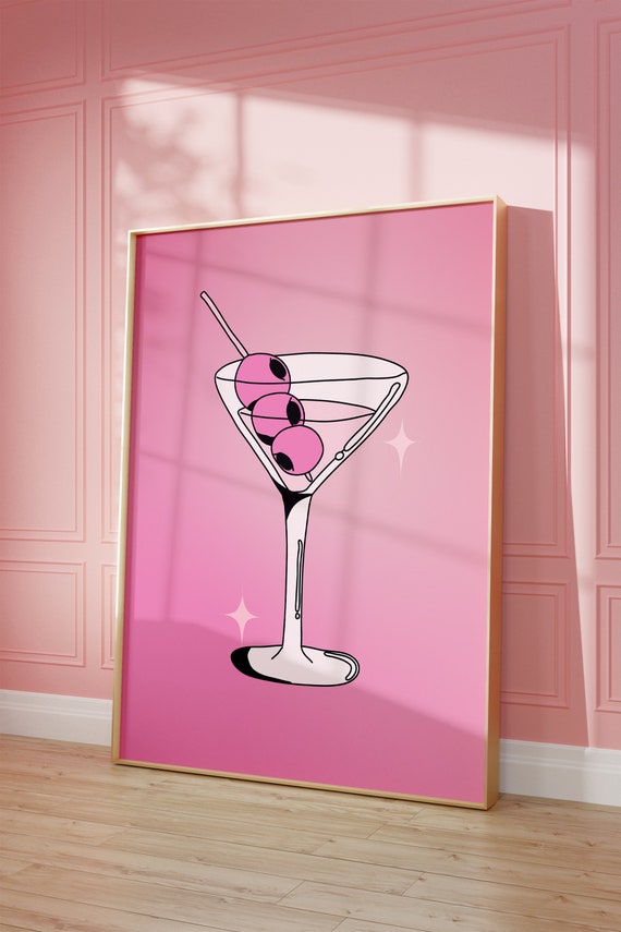 Martini Espresso Martini Tini Time Dirty Martini Retro Wall Decor Pink Illustration Doodle Cocktail Preppy Decor Bar Cart Dorm Decor