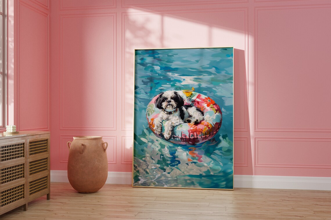 Pink Shih Tzu Funky Poster, Preppy Dog Art - Image 2