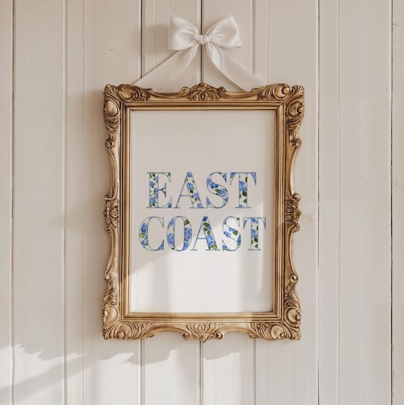 East Coast Blue Hydrangea Floral Typography Coastal Preppy Poster