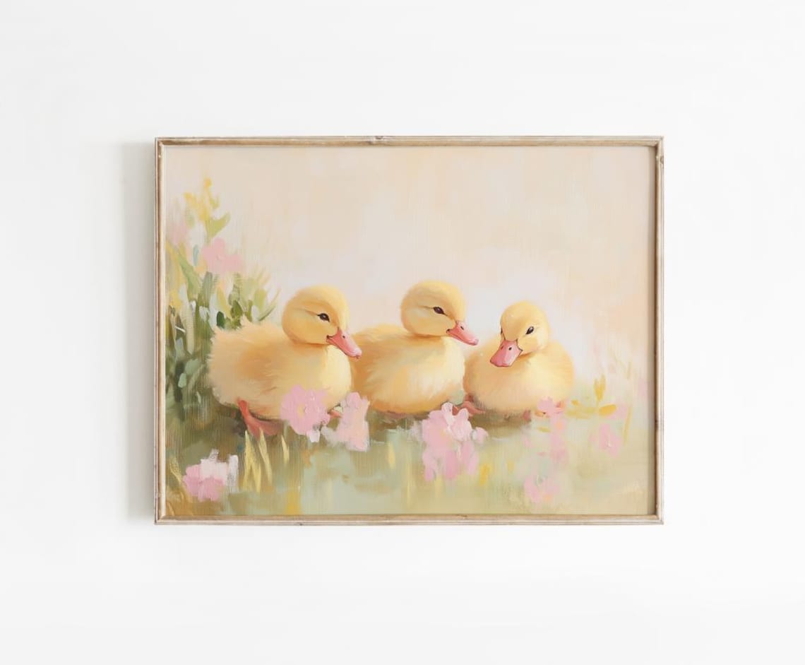 Three Yellow Ducklings Print Soft Pastel Spring Painting Nursery Art