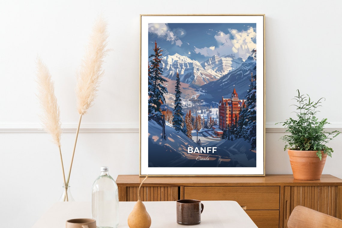 Banff Canada Grand Alpine Hotel Set Among Snowy Rockies Peaks Poster - Image 2