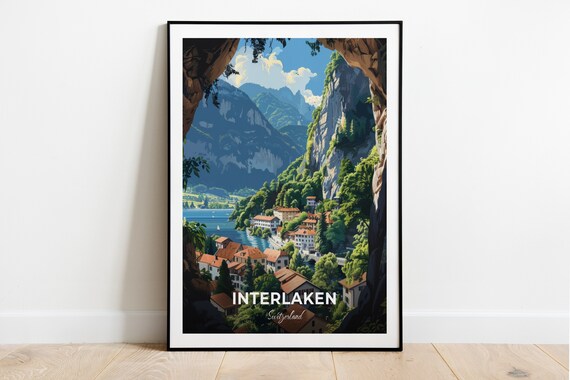 Interlaken Switzerland Lake Cliffs Village Vintage Travel Poster