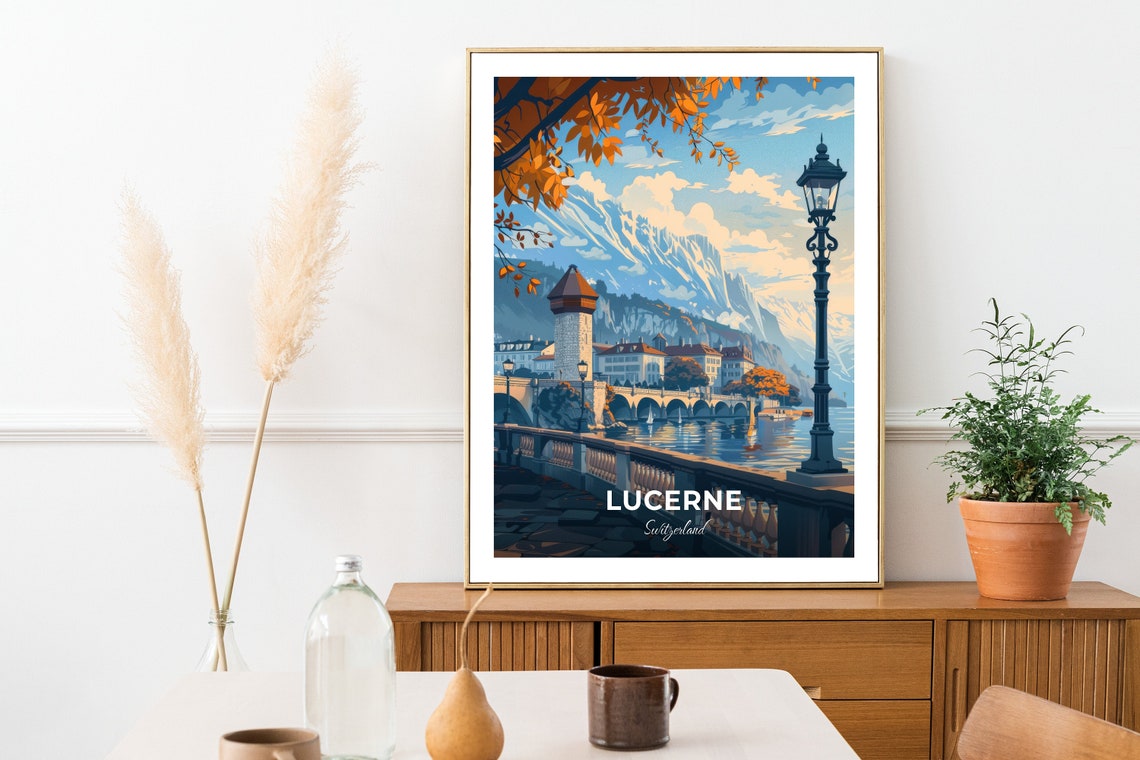 Lucerne Switzerland Alpine Chapel Bridge Lake Autumn Travel Poster - Image 2