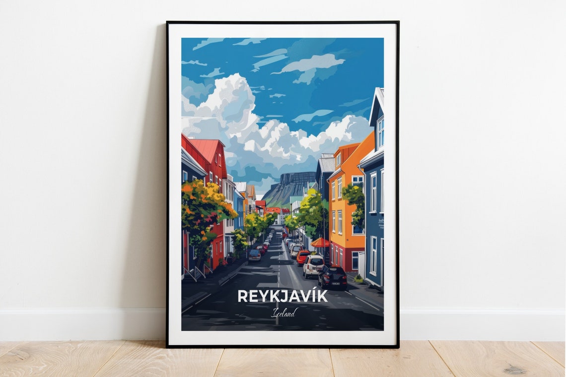 Reykjavik Laugavegur Colorful Street Shops Mountain Backdrop Poster
