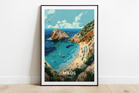 Milos Greece Kleftiko Beach Boats Cliffs Cove Sunny Bay Poster