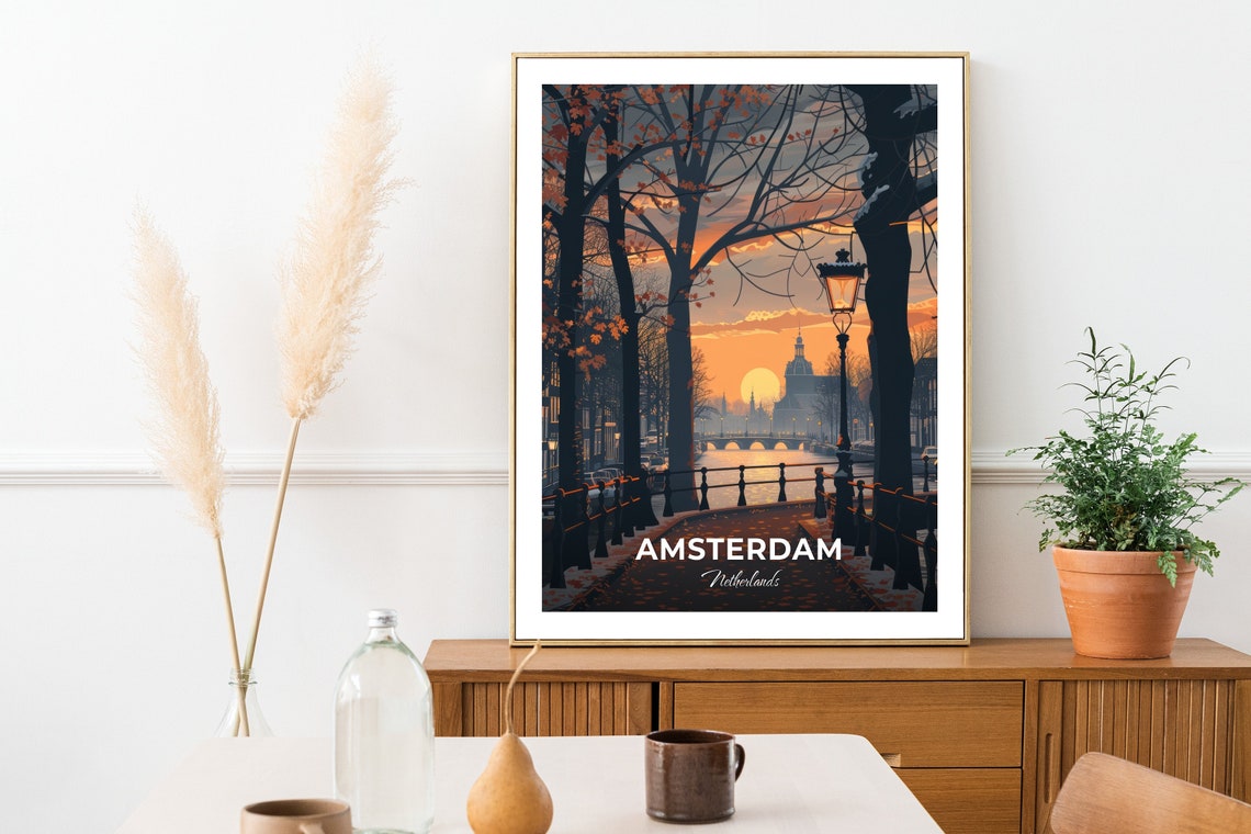 Amsterdam Autumn Canal Sunset Lamppost Glow Travel Scene Poster - Image 2