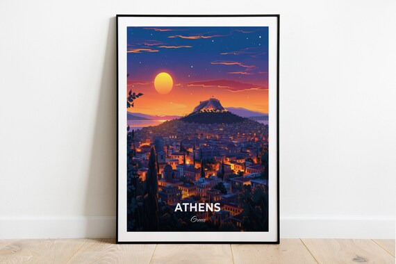 Athens Greece Lycabettus Night City Lights Bright Moon Art Poster