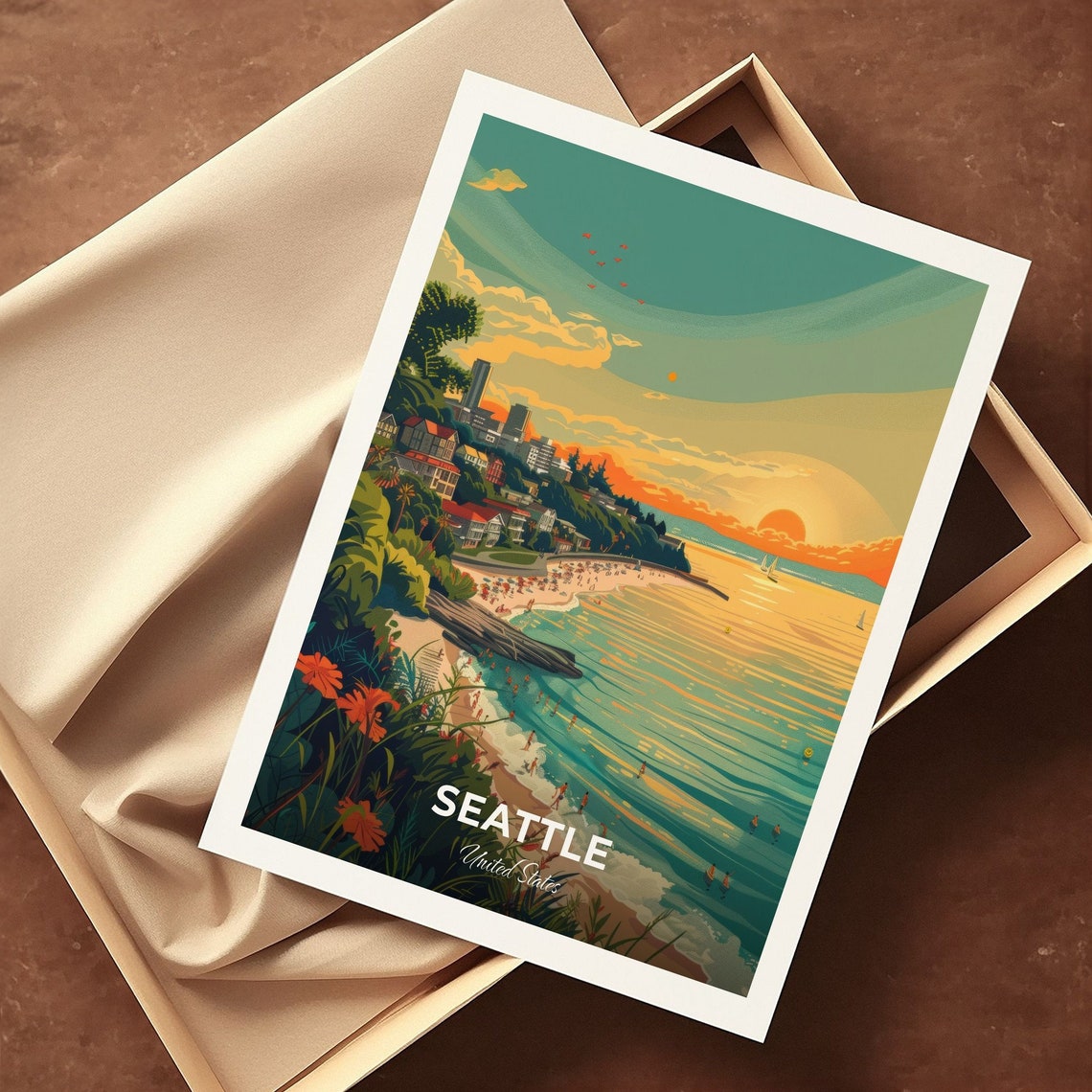 Seattle Alki Beach Sunset Skyline Shoreline Travel Scene Poster - Image 3